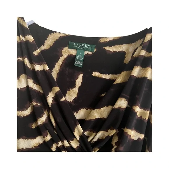 Lauren Ralph Lauren Chic Zebra Print Black and Gold V-neck Ruched Midi Dress - Picture 6 of 8